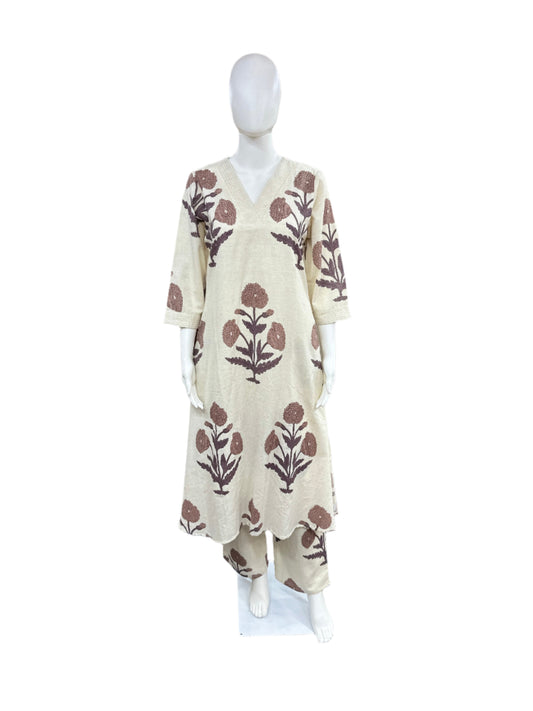 Cotton Linen V-neck Floral Print with Brown Flowers - 2 Piece A-line Top with Palazzo