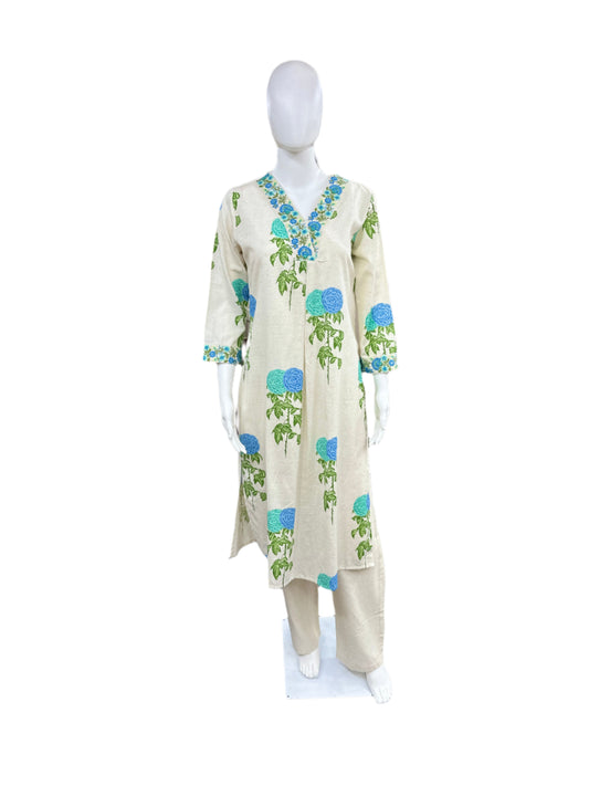 Cotton Linen V-neck Floral Print with Green Blue Flowers - 2-Piece Round Top with Straight Pant