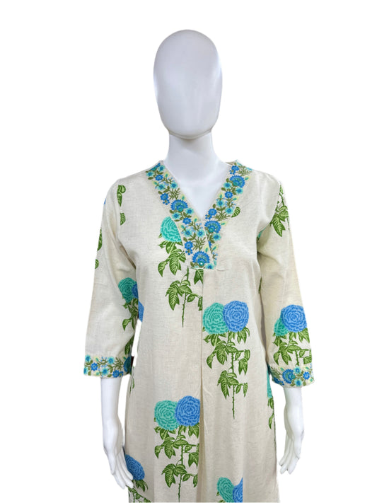 Cotton Linen V-neck Floral Print with Green Blue Flowers - 2-Piece Round Top with Straight Pant