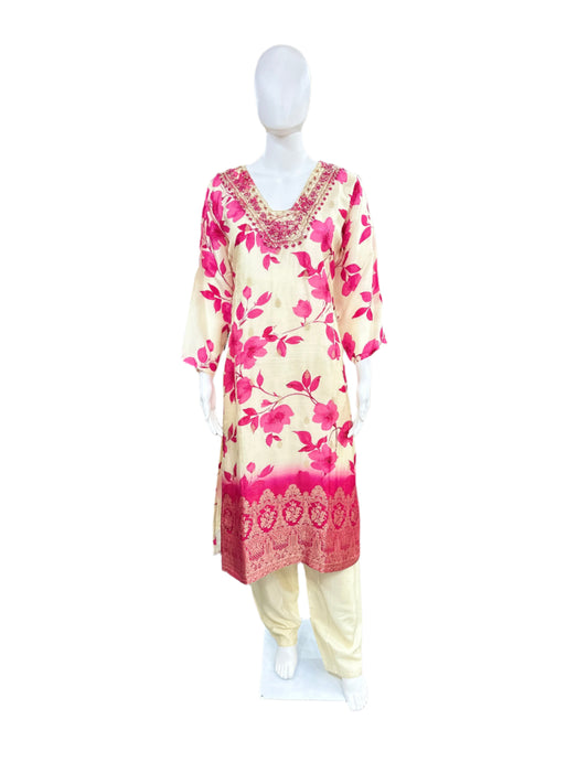 Muslin 3 Piece suit with Pink Flower and Jacquard work in White