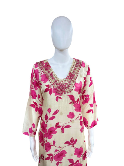 Muslin 3 Piece suit with Pink Flower and Jacquard work in White