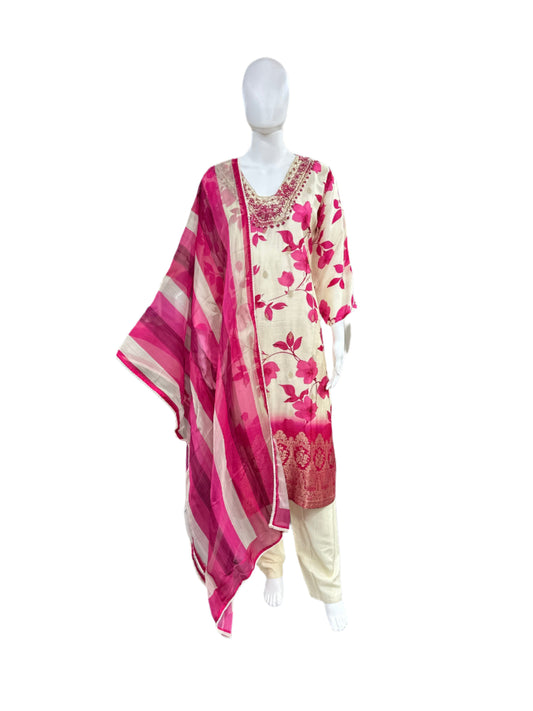 Muslin 3 Piece suit with Pink Flower and Jacquard work in White