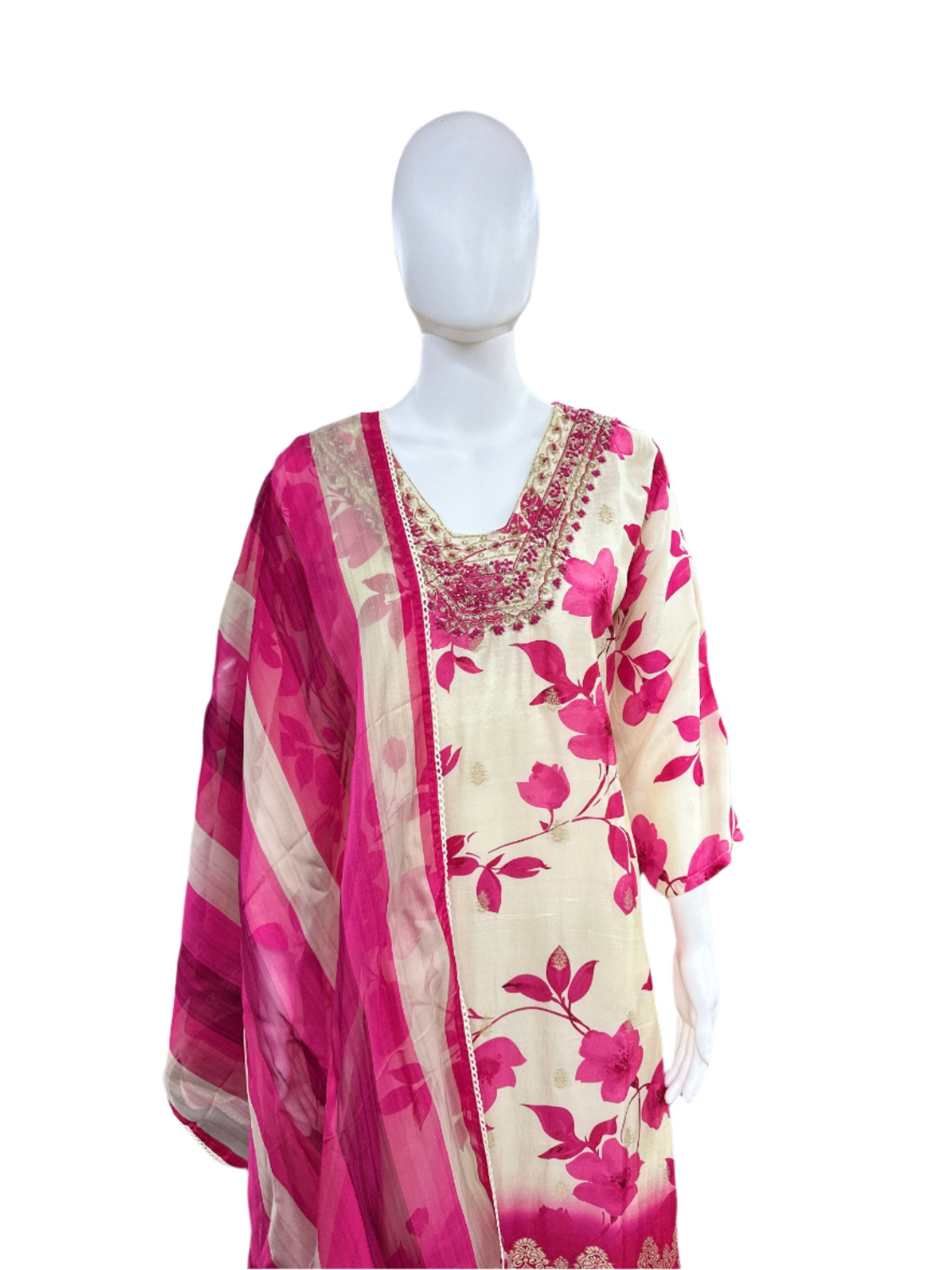 Muslin 3 Piece suit with Pink Flower and Jacquard work in White