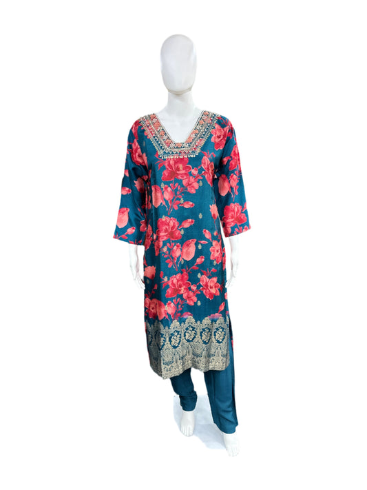 Muslin 3 Piece suit with Pink Flower and Jacquard work in Blue