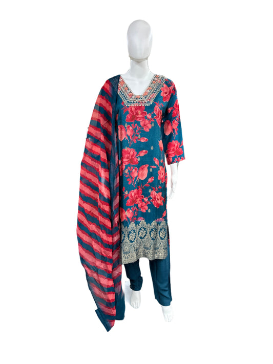 Muslin 3 Piece suit with Pink Flower and Jacquard work in Blue