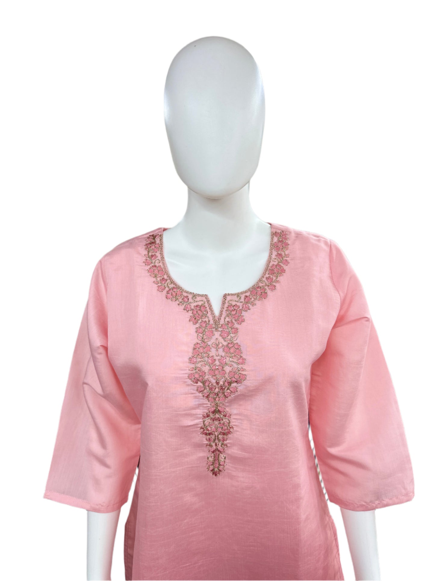 Roman Silk 3-Piece Set with Cotton Lining and Embroidery on Neck - Pink