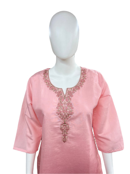 Roman Silk 3-Piece Set with Cotton Lining and Embroidery on Neck - Pink
