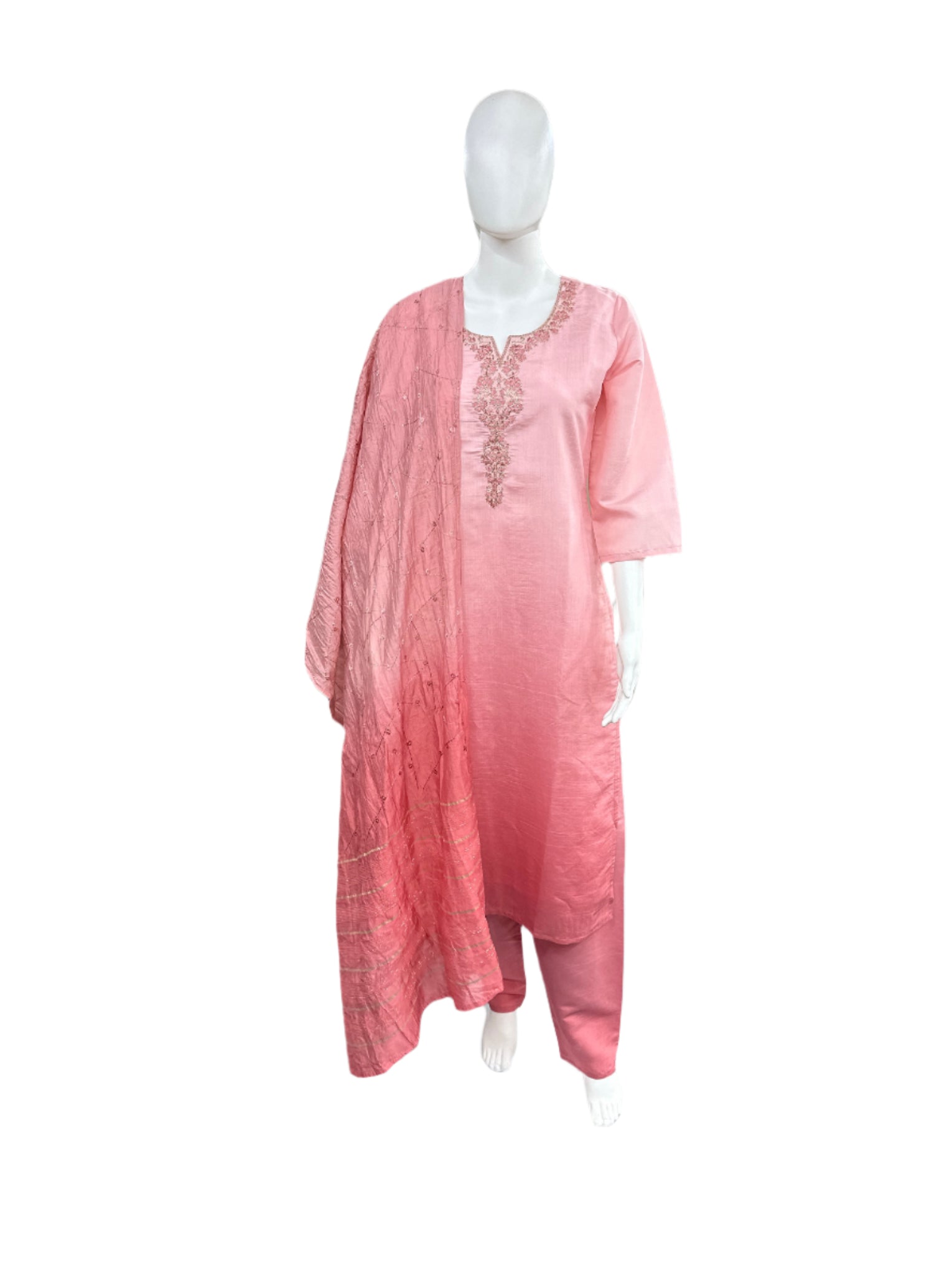 Roman Silk 3-Piece Set with Cotton Lining and Embroidery on Neck - Pink