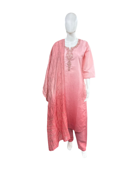 Roman Silk 3-Piece Set with Cotton Lining and Embroidery on Neck - Pink