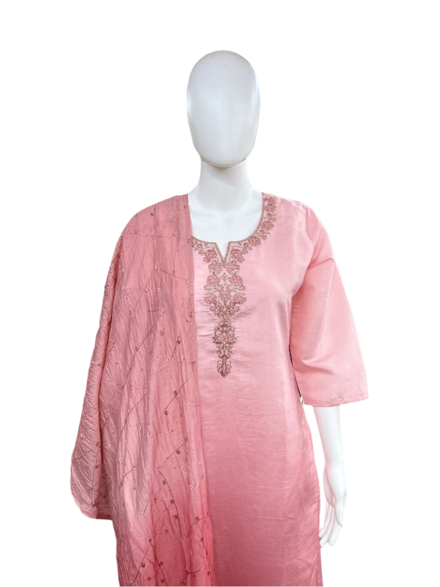 Roman Silk 3-Piece Set with Cotton Lining and Embroidery on Neck - Pink