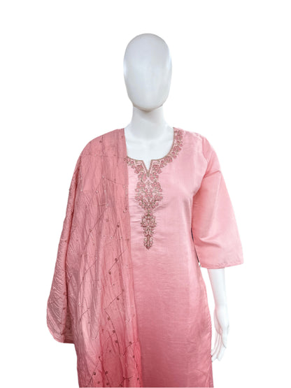 Roman Silk 3-Piece Set with Cotton Lining and Embroidery on Neck - Pink