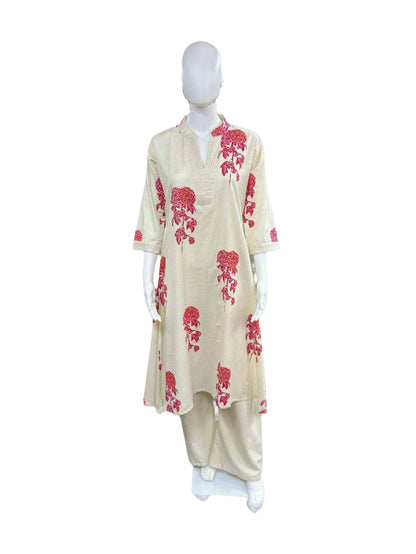 Flex Cotton - 2 piece A-line top with Palazzo - Beige Pink Flower
