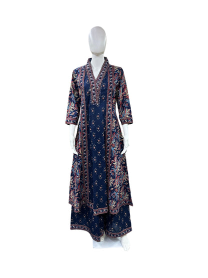 Pure Cotton 3 piece Floral Anarkali - Blue