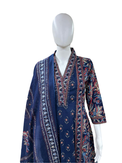 Pure Cotton 3 piece Floral Anarkali - Blue