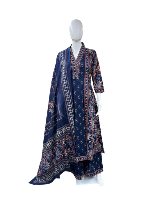 Pure Cotton 3 piece Floral Anarkali - Blue