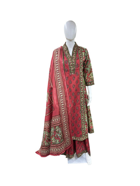 Pure Cotton 3 piece Floral Anarkali - Pink