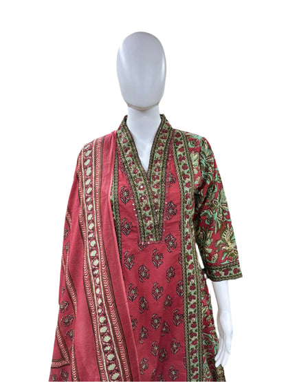 Pure Cotton 3 piece Floral Anarkali - Pink