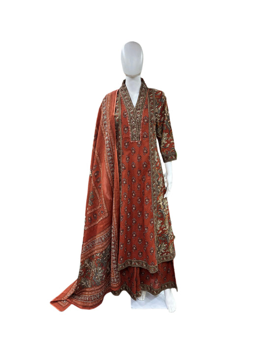 Pure Cotton 3 piece Floral Anarkali with Divider & printed Dupatta in Rust color
