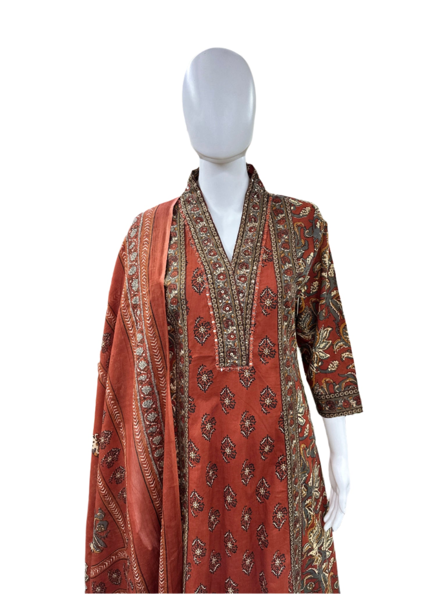 Pure Cotton 3 piece Floral Anarkali with Divider & printed Dupatta in Rust color