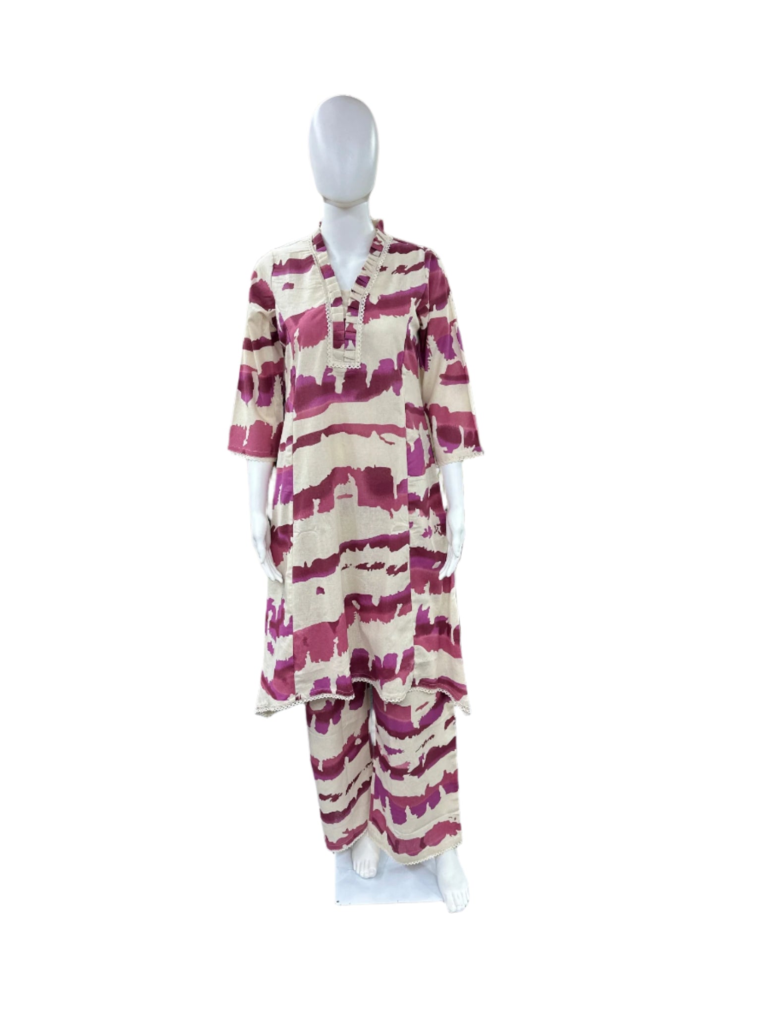 Flex Cotton 2 Piece Co-ord set - A-line Top with Lacework & Palazzo in Pink