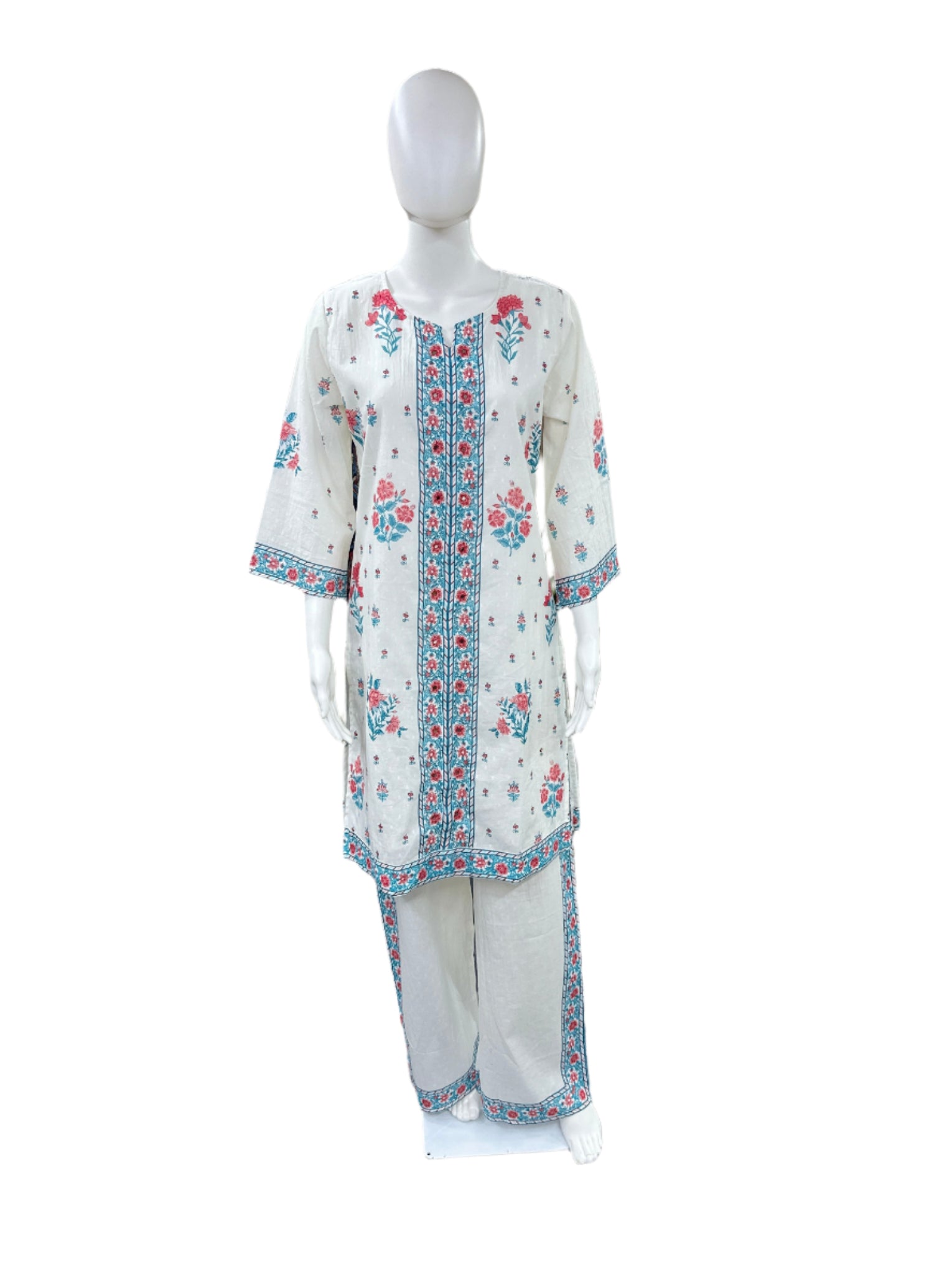 Pure Dobby Cotton 2 Piece Set - White/Blue with Pink Flowers