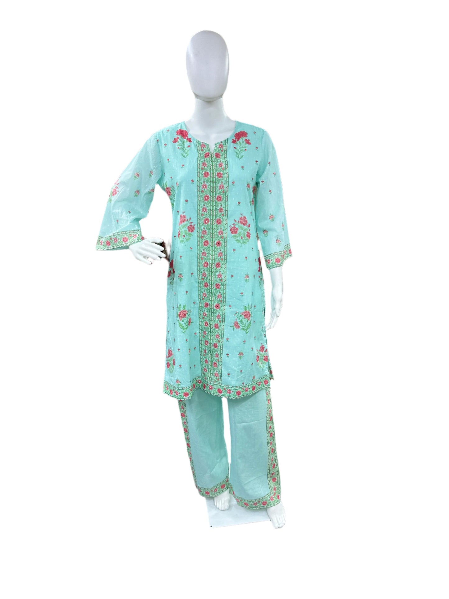 Pure Dobby Cotton 2 Piece Set - Sea Green with Pink Flowers