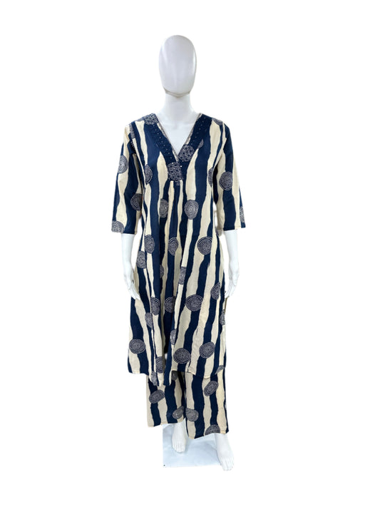 Cotton - 2 piece A-line w Palazzo - Blue & Beige