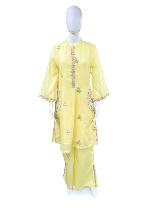Mul Cotton 2 Piece Set with Bell Sleeves and Palazzo in Yellow Color