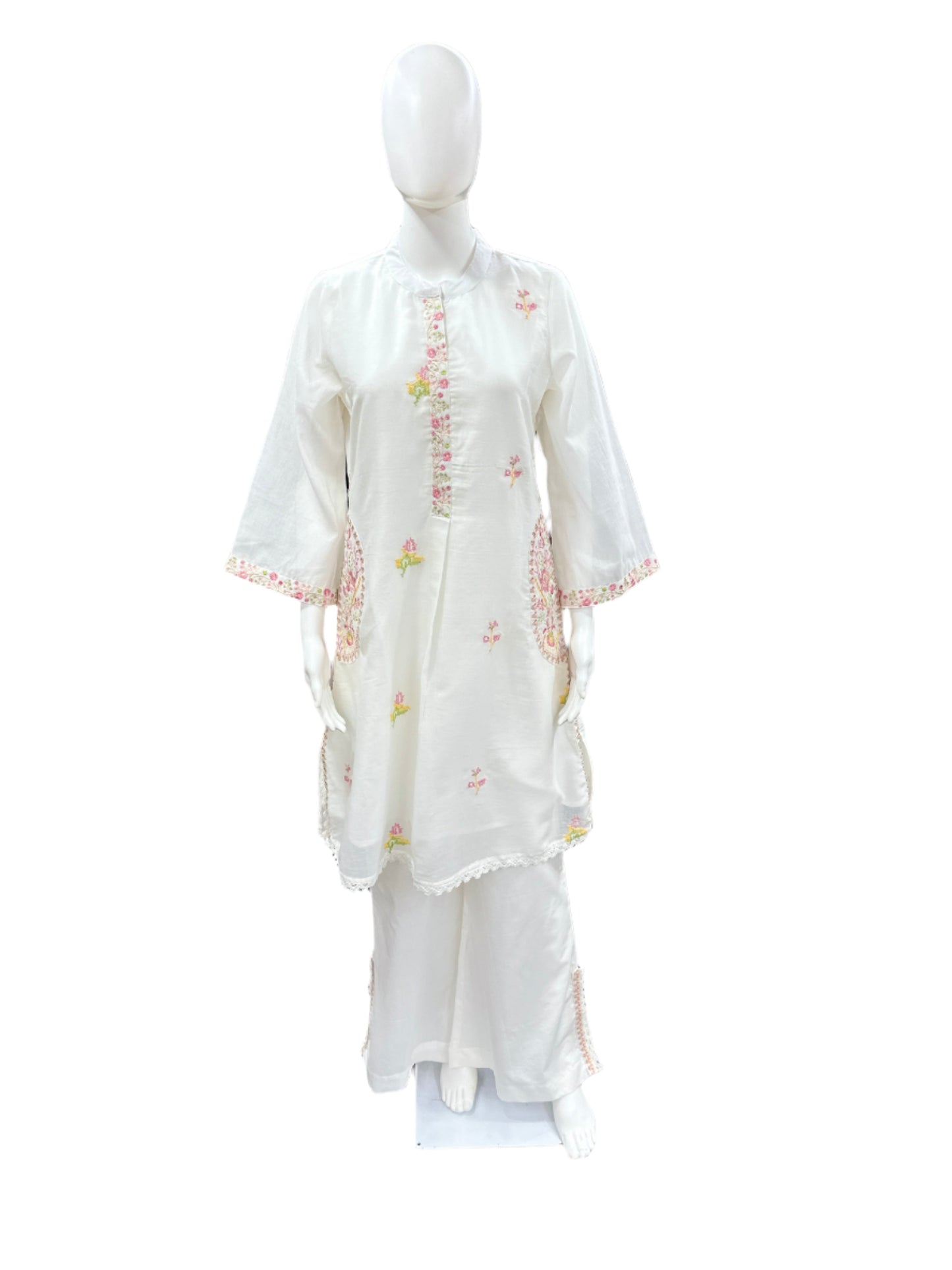 White Mul Cotton 2 Piece Set - Bell Sleeves, Pocket, Embroidery