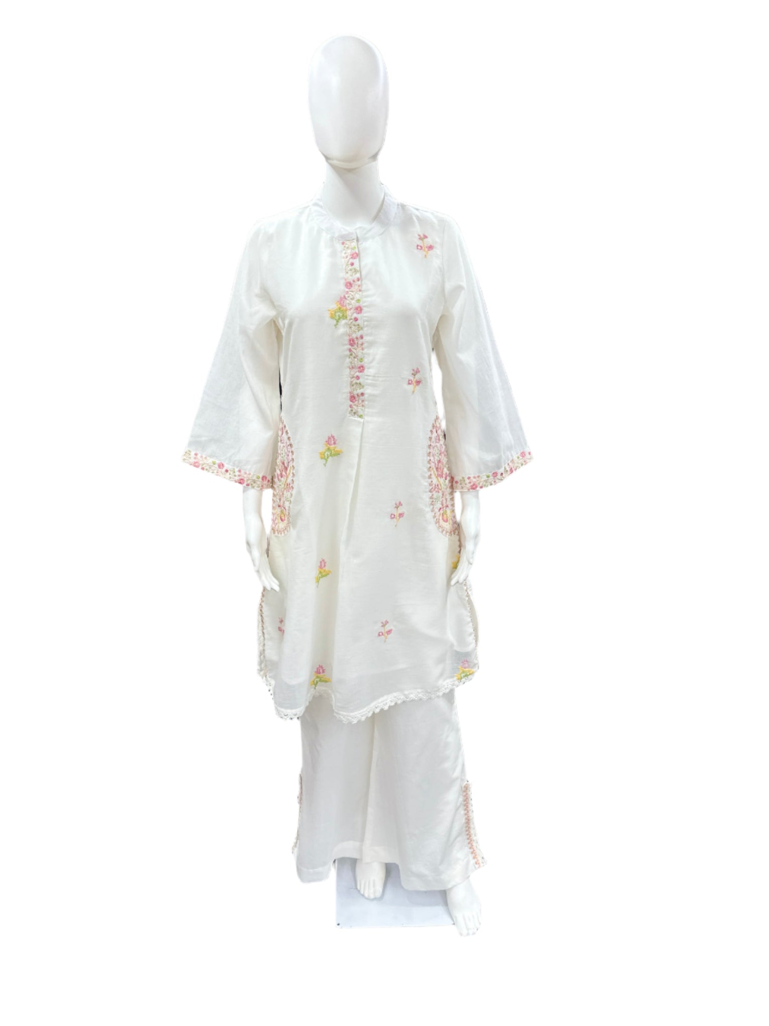 White Mul Cotton 2 Piece Set - Bell Sleeves, Pocket, Embroidery