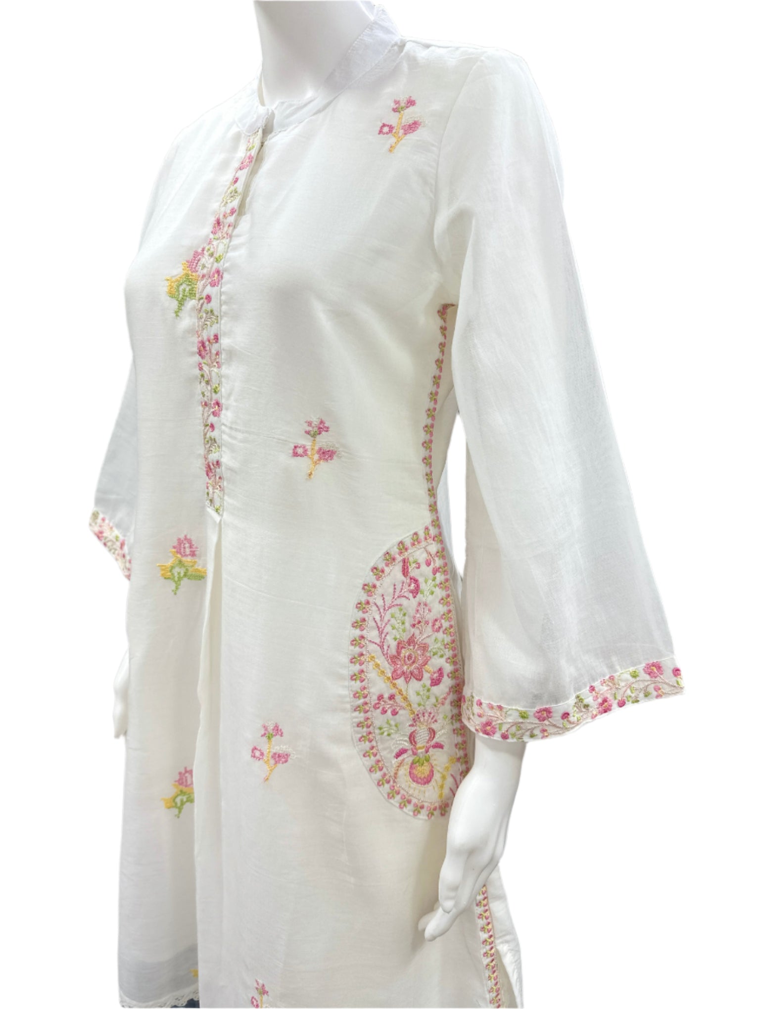 White Mul Cotton 2 Piece Set - Bell Sleeves, Pocket, Embroidery