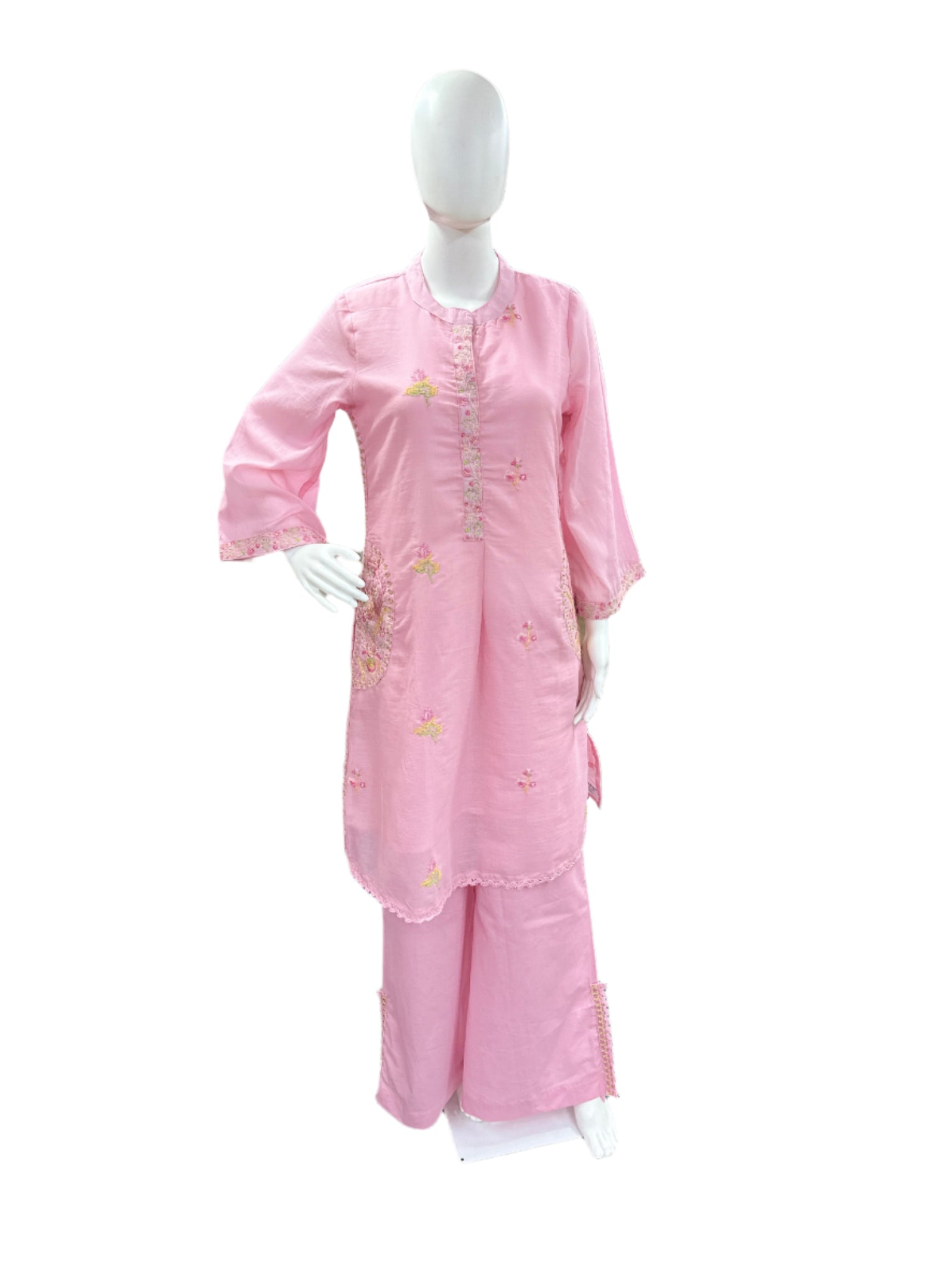 Mul Cotton 2 Piece Set - Bell Sleeves with Pockets and Embroidery in Pink