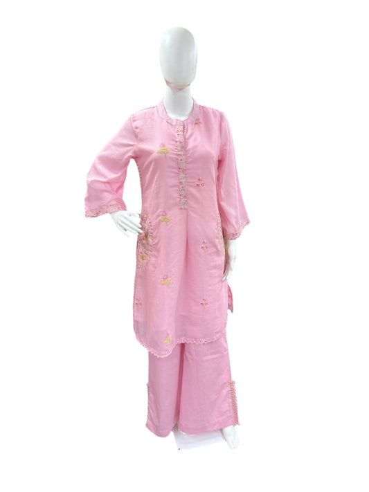 Mul Cotton 2 Piece Set - Bell Sleeves with Pockets and Embroidery in Pink