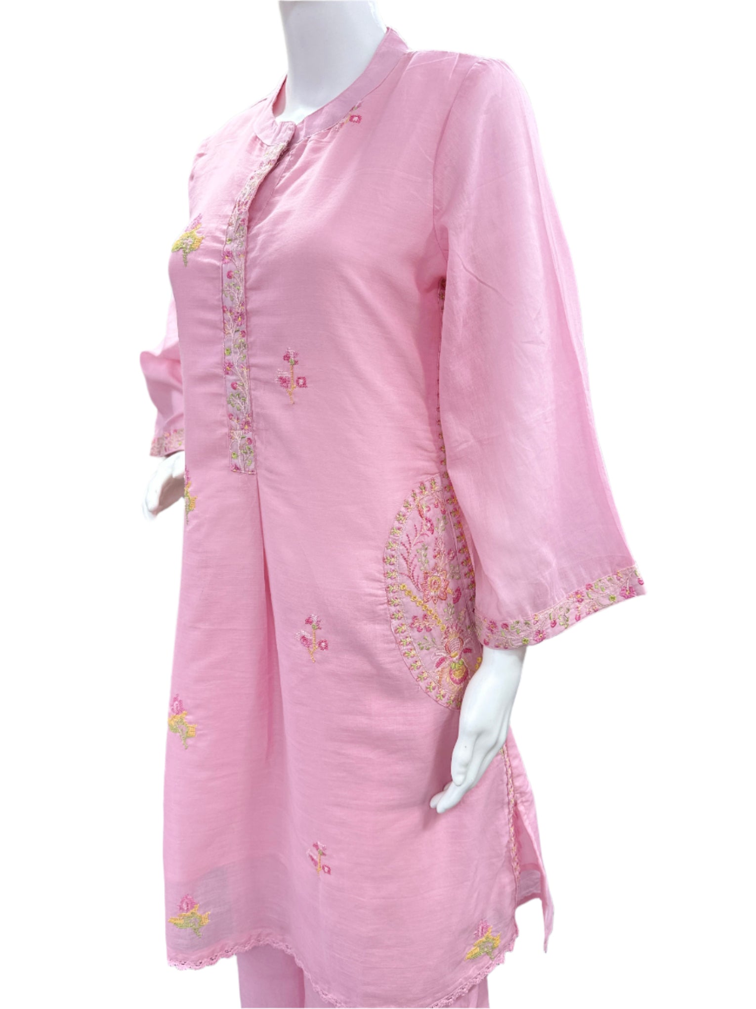Mul Cotton 2 Piece Set - Bell Sleeves with Pockets and Embroidery in Pink