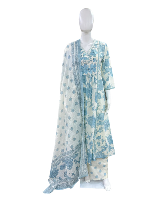 Premium Floral Cotton 3-Piece Set - Umbrella Cut Kurta with Embroidered Yoke, Palazzo Pants & Kota Doria Dupatta - Baby Blue