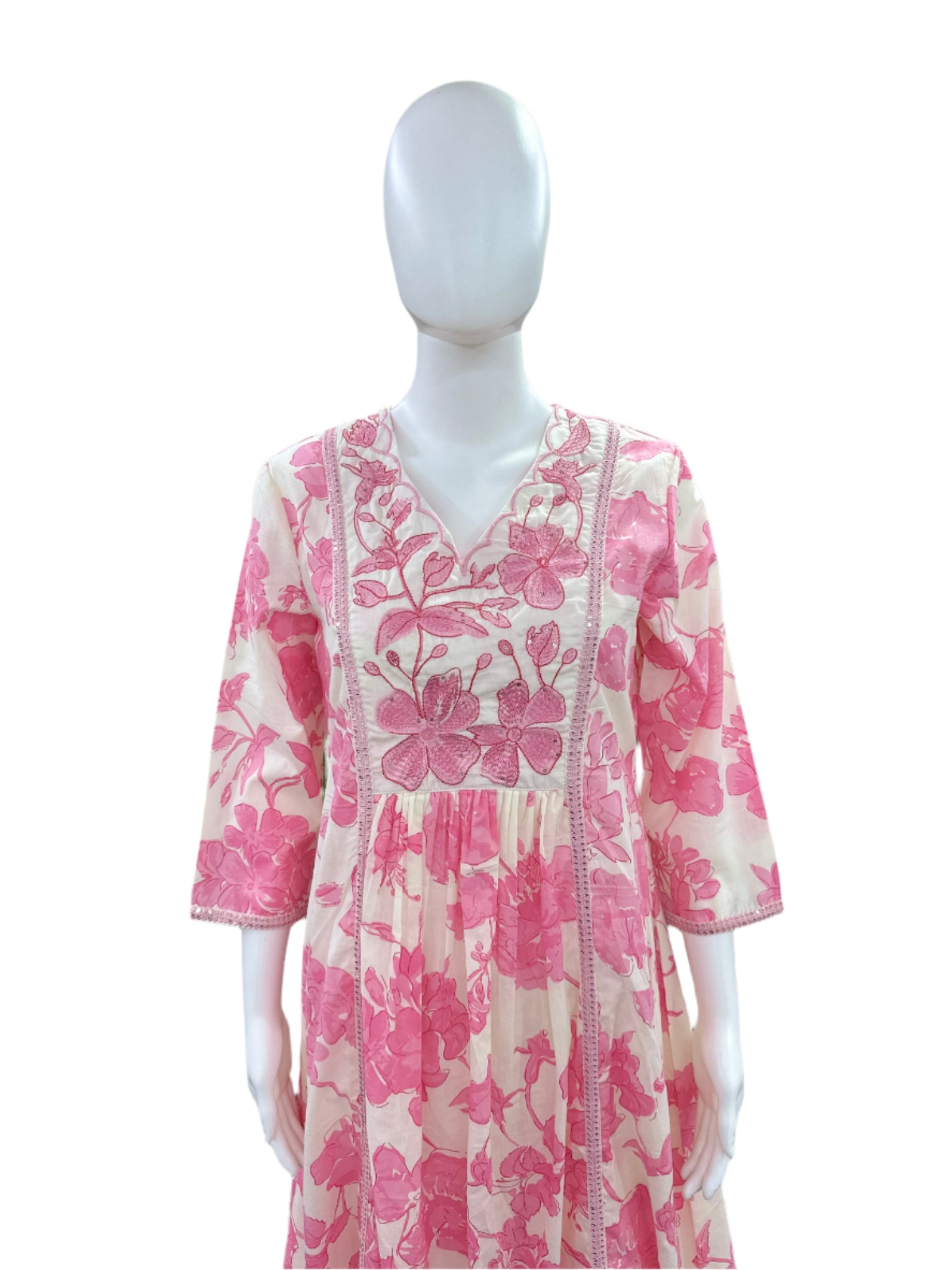 Premium Floral Cotton 3-Piece Set - Umbrella Cut Kurta with Embroidered Yoke, Palazzo Pants & Kota Doria Dupatta - Pink