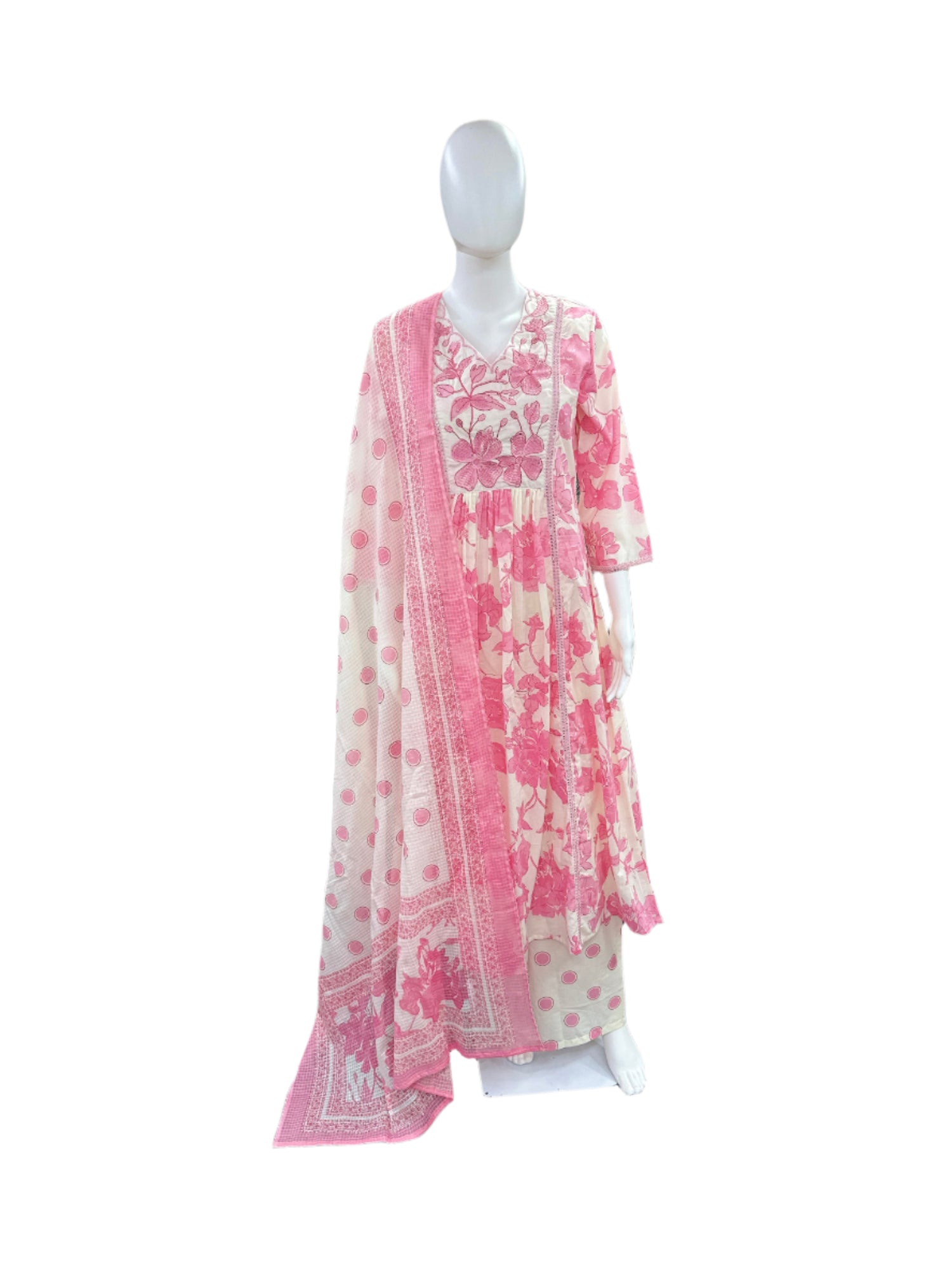 Premium Floral Cotton 3-Piece Set - Umbrella Cut Kurta with Embroidered Yoke, Palazzo Pants & Kota Doria Dupatta - Pink