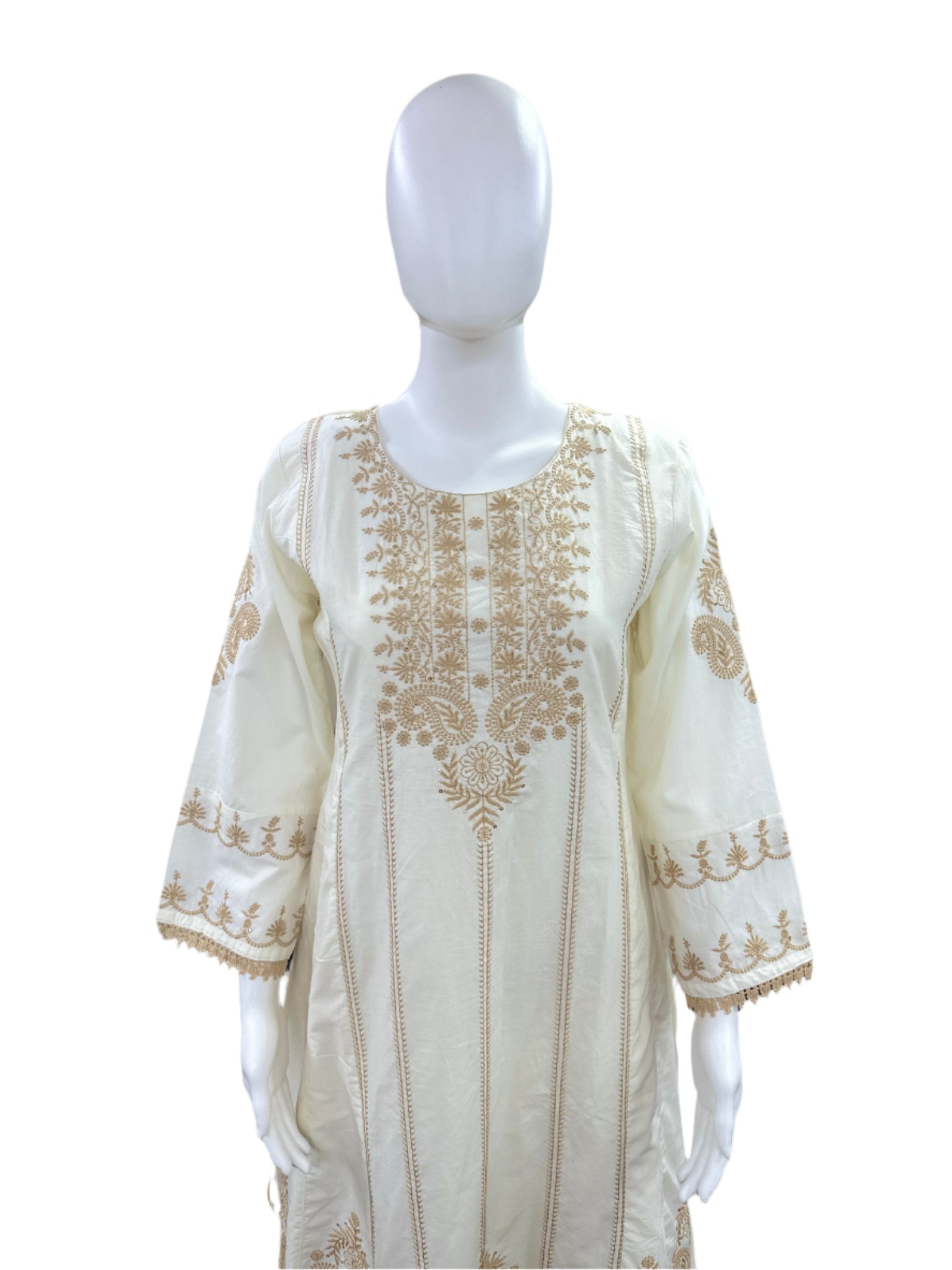 Premium Cotton 3-Piece Embroidered Set - A-Line Top with Lining, Straight Pants & Lacework Dupatta