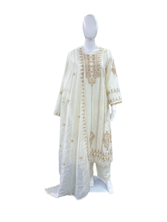 Premium Cotton 3-Piece Embroidered Set - A-Line Top with Lining, Straight Pants & Lacework Dupatta