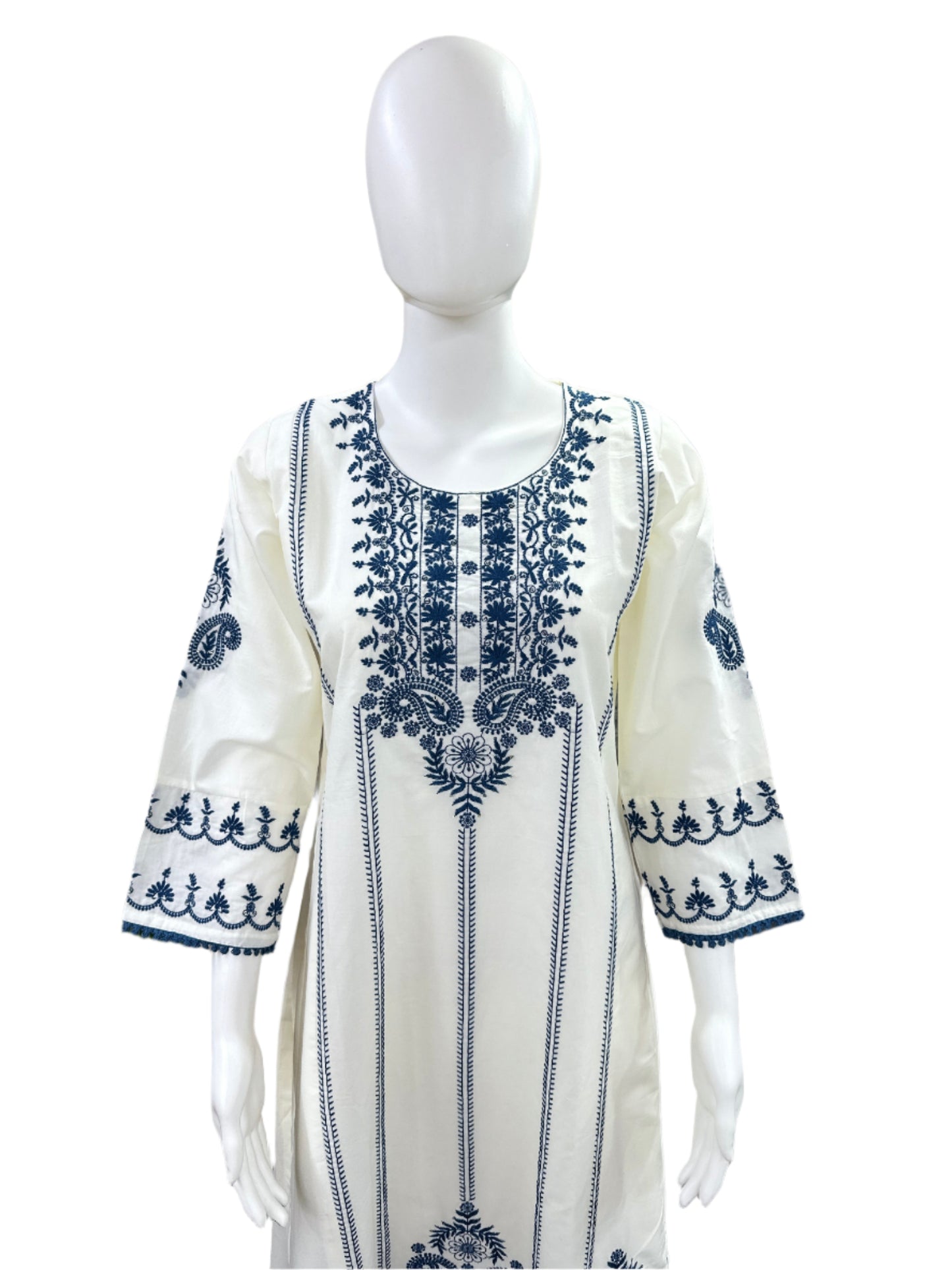 Premium Cotton 3-Piece Embroidered Set - A-Line Top with Lining, Straight Pants & Lacework Dupatta - White & Blue
