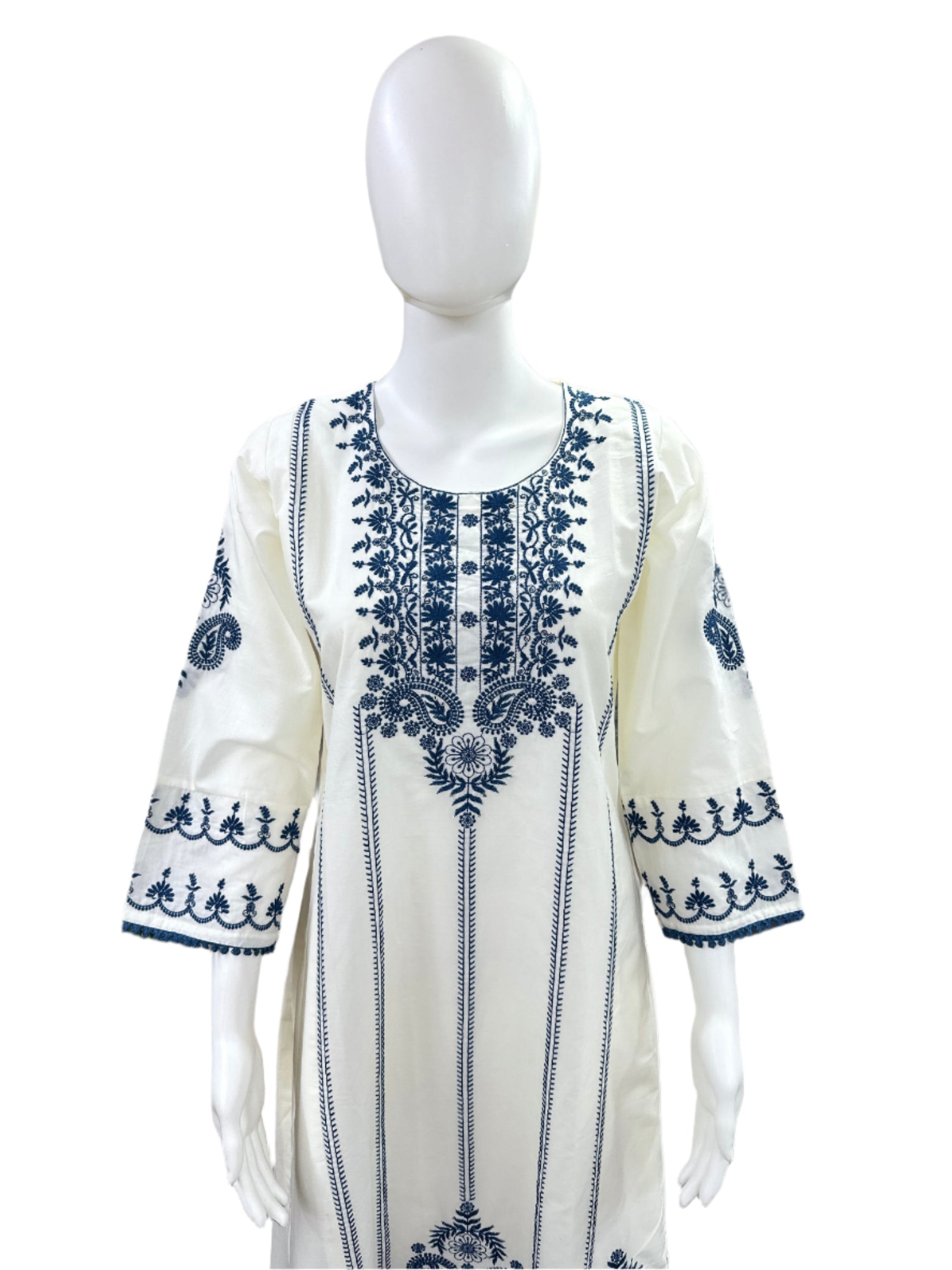 Premium Cotton 3-Piece Embroidered Set - A-Line Top with Lining, Straight Pants & Lacework Dupatta - White & Blue