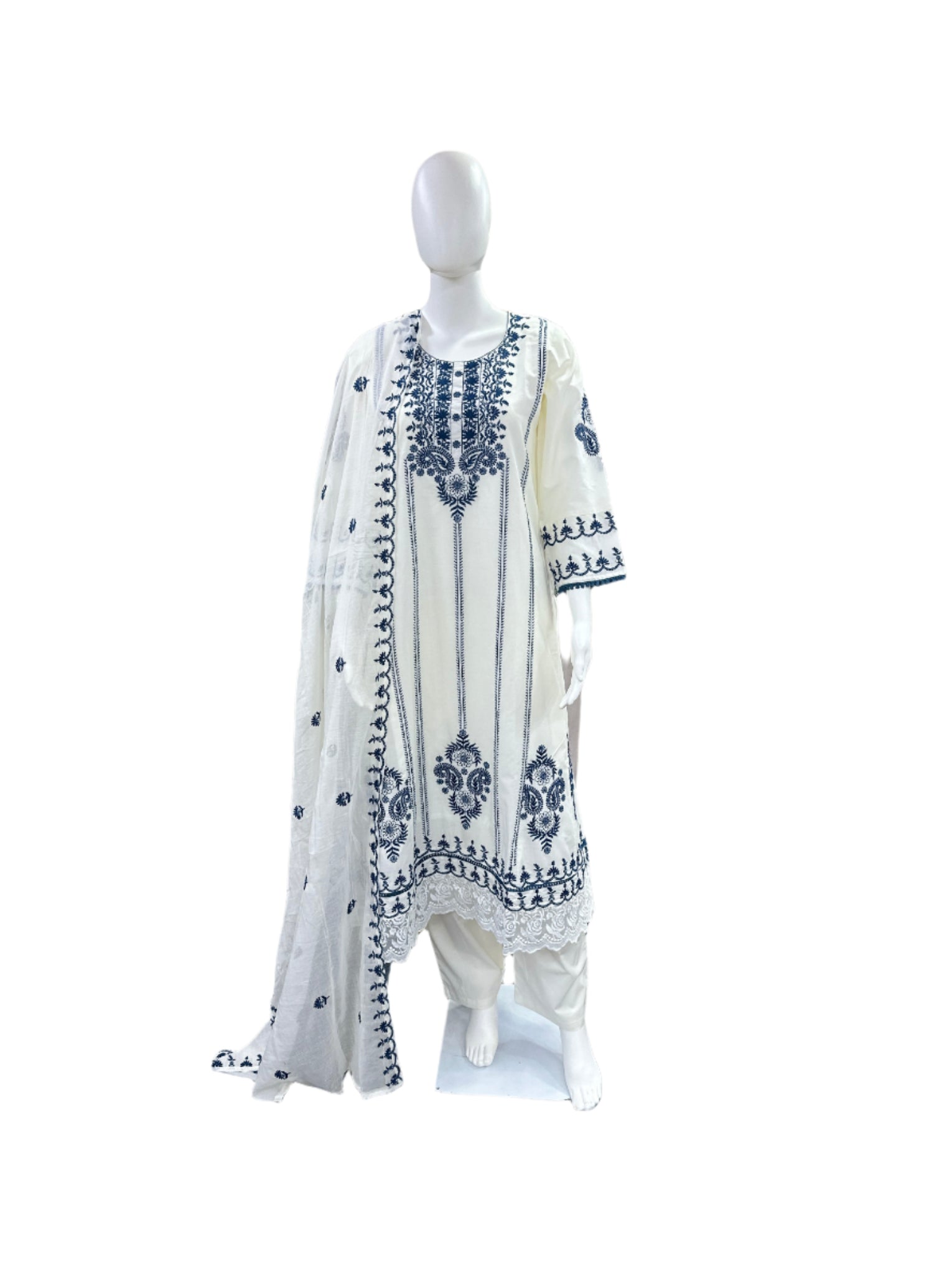 Premium Cotton 3-Piece Embroidered Set - A-Line Top with Lining, Straight Pants & Lacework Dupatta - White & Blue