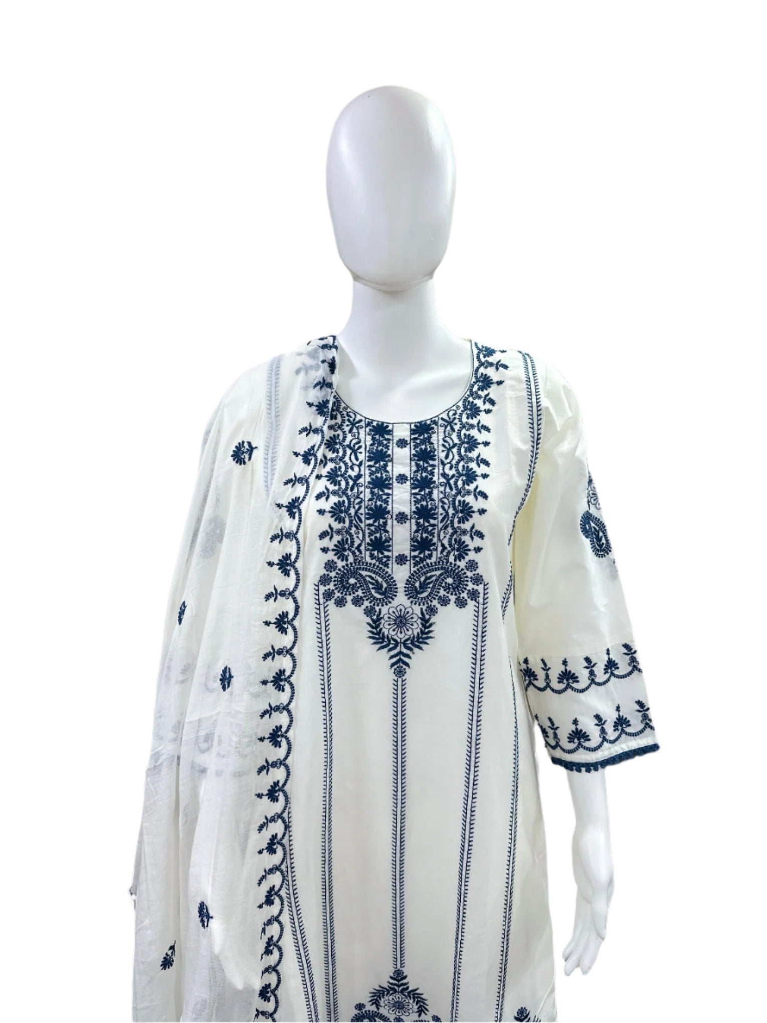 Premium Cotton 3-Piece Embroidered Set - A-Line Top with Lining, Straight Pants & Lacework Dupatta - White & Blue
