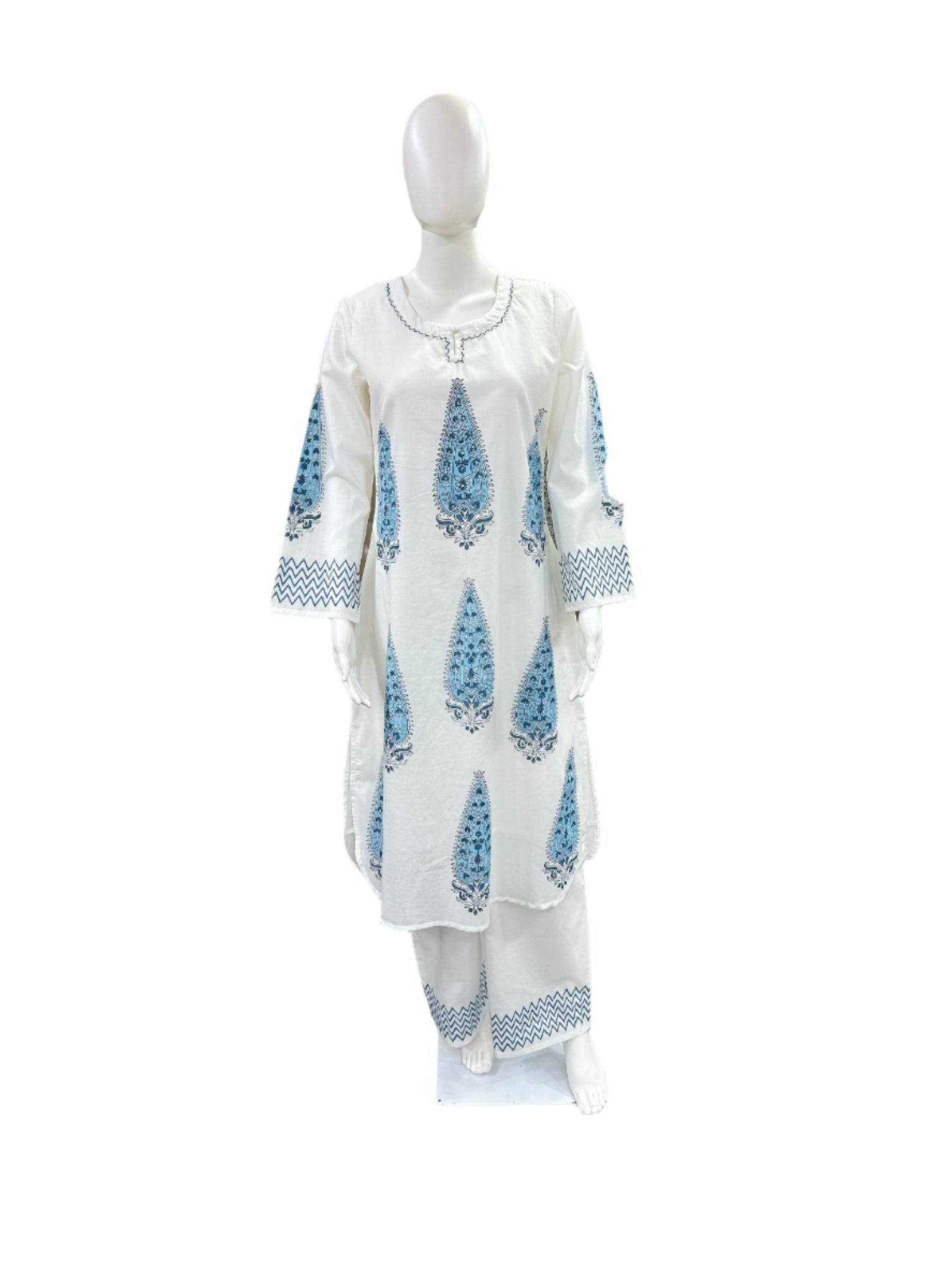 Handblock Print Cotton 2-Piece Set - U-Cut Top with Bell Sleeves & Palazzo - White & Blue