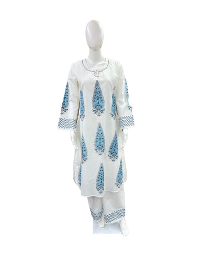 Handblock Print Cotton 2-Piece Set - U-Cut Top with Bell Sleeves & Palazzo - White & Blue