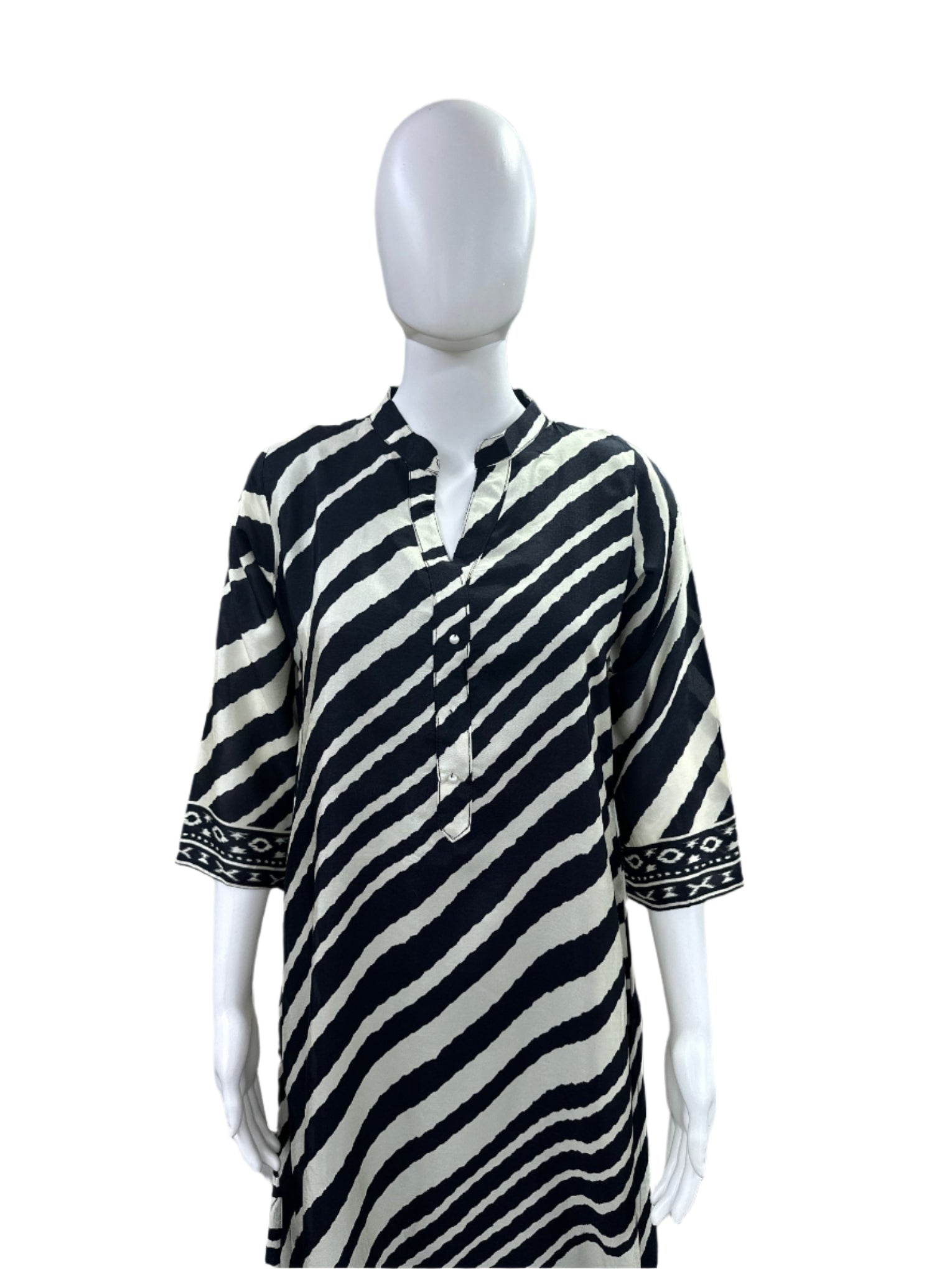 Elegant Dola Silk 3-Piece Set - A-line Top with Tassels & Pendant, Straight Pants & Printed Dupatta - Black & Beige