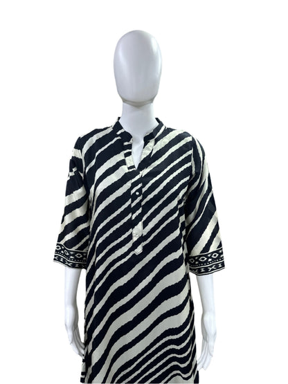 Elegant Dola Silk 3-Piece Set - A-line Top with Tassels & Pendant, Straight Pants & Printed Dupatta - Black & Beige
