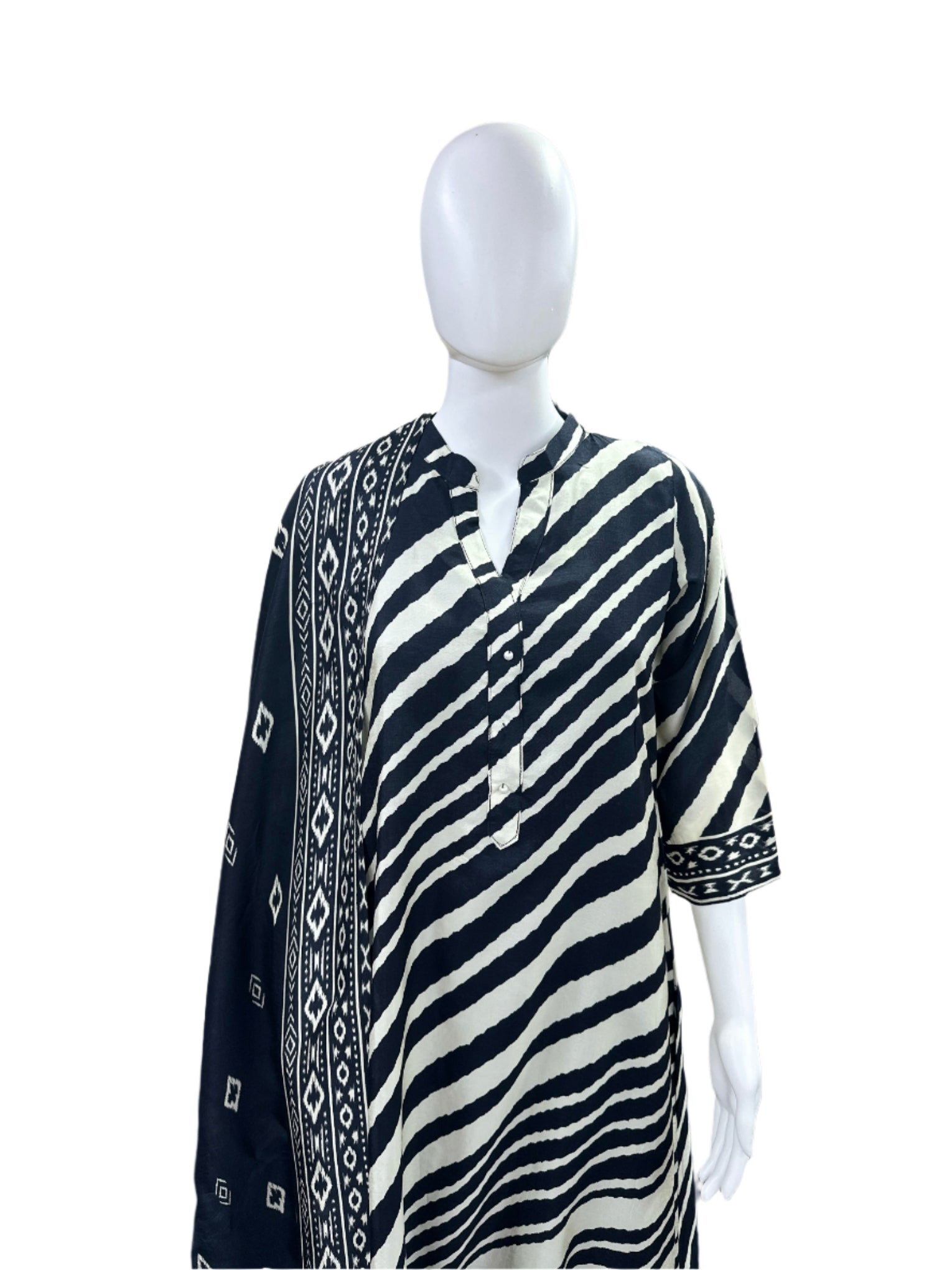 Elegant Dola Silk 3-Piece Set - A-line Top with Tassels & Pendant, Straight Pants & Printed Dupatta - Black & Beige