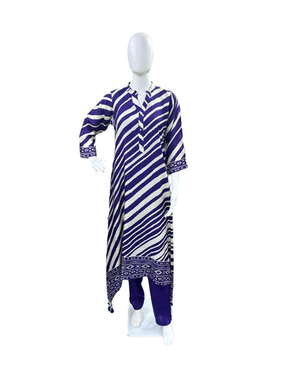 Elegant Dola Silk 3-Piece Set - A-line Top with Tassels & Pendant, Straight Pants & Printed Dupatta - Purple & Beige