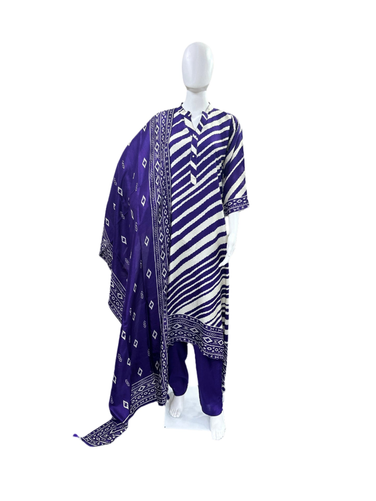 Elegant Dola Silk 3-Piece Set - A-line Top with Tassels & Pendant, Straight Pants & Printed Dupatta - Purple & Beige